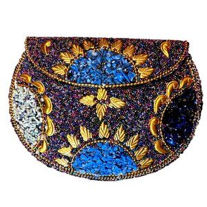 Handmade Ramla Beaded Clutch With Multicolor Mosaic Design & Chain Strap